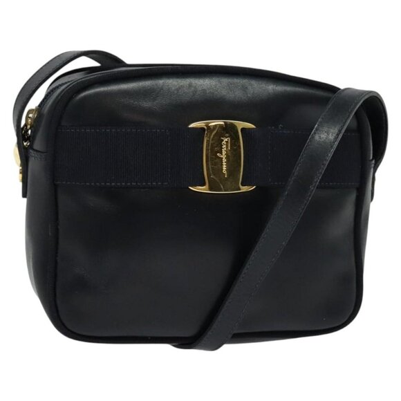 Salvatore Ferragamo Vala Shoulder Bag Leather Navy Gold Auth 138120 - Picture 1 of 16
